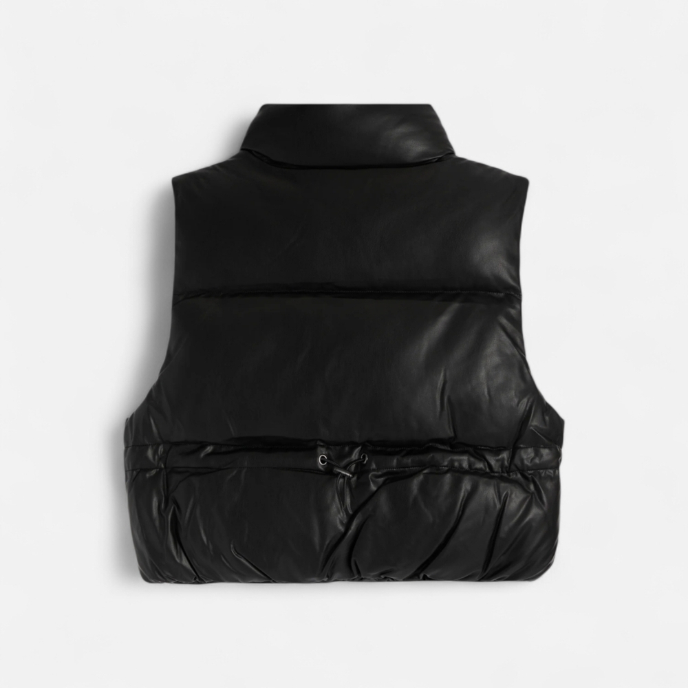 Double Zero Girls Junior L Black Faux Leather Cropped Puffer Vest Standup Collar - Picture 2 of 13
